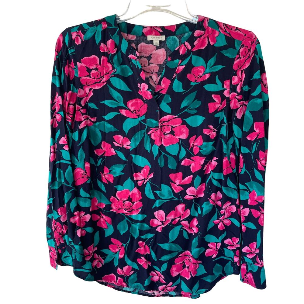 Talbots Size S/P Black Pink Green Floral blouse